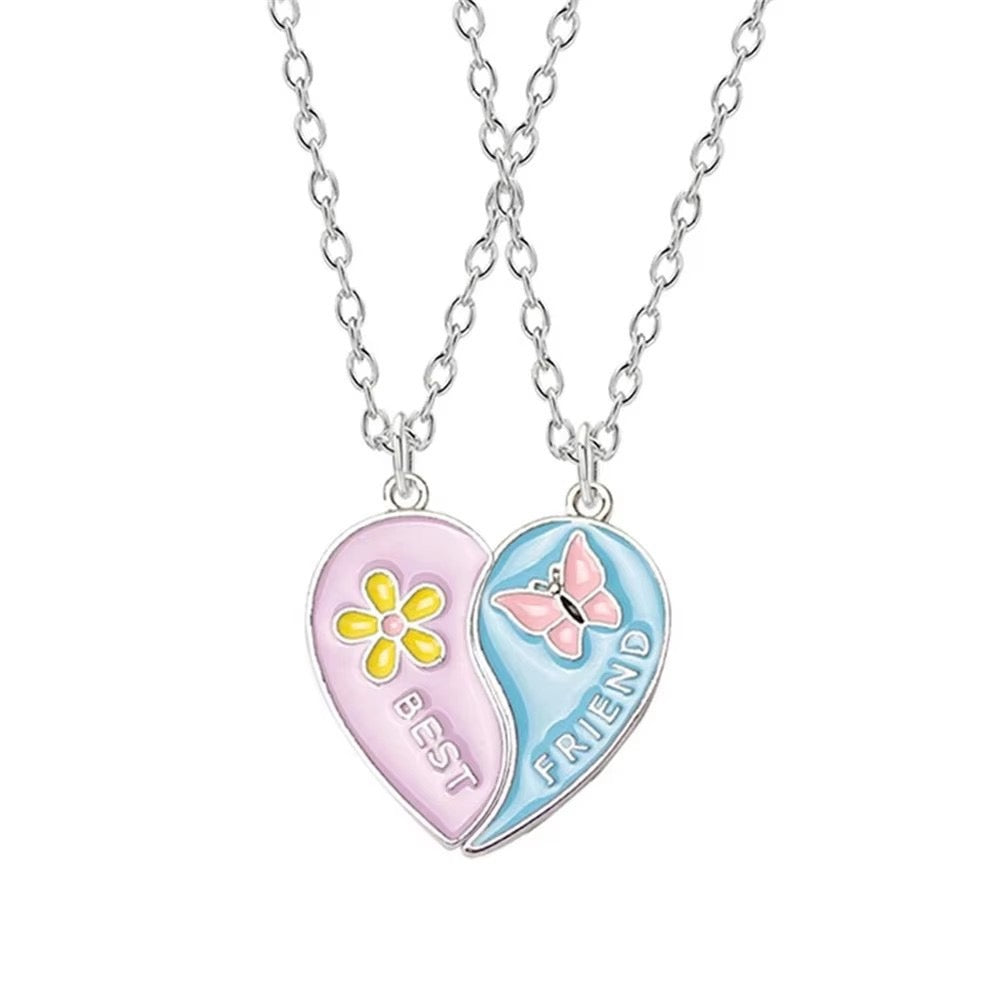 Two Besties Pastel Flower & Butterfly Heart Necklace Set