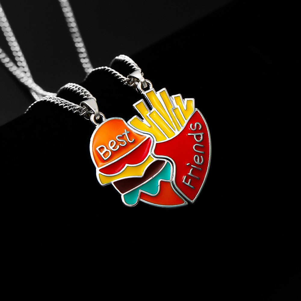 Two Besties Burger & Fries Interlocking Heart BFF Necklace