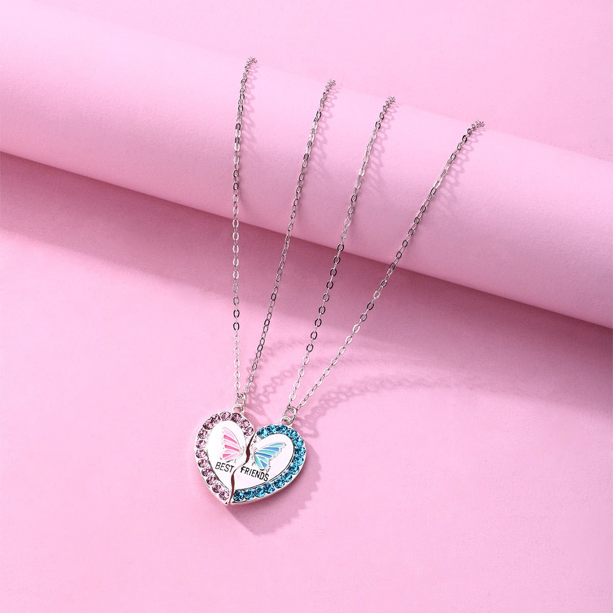 Two Besties Rhinestone Butterfly Heart BFF Necklace