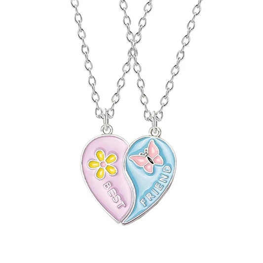 Two Besties  Pastel Flower & Butterfly Heart Necklace Set