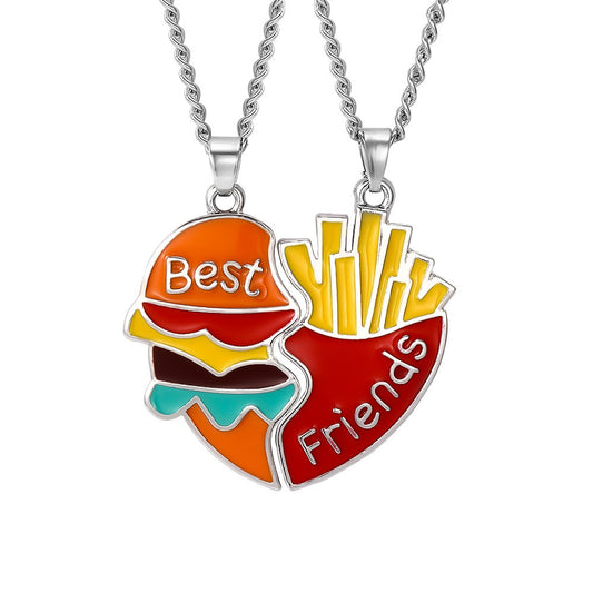 Two Besties Burger & Fries Interlocking Heart BFF Necklace