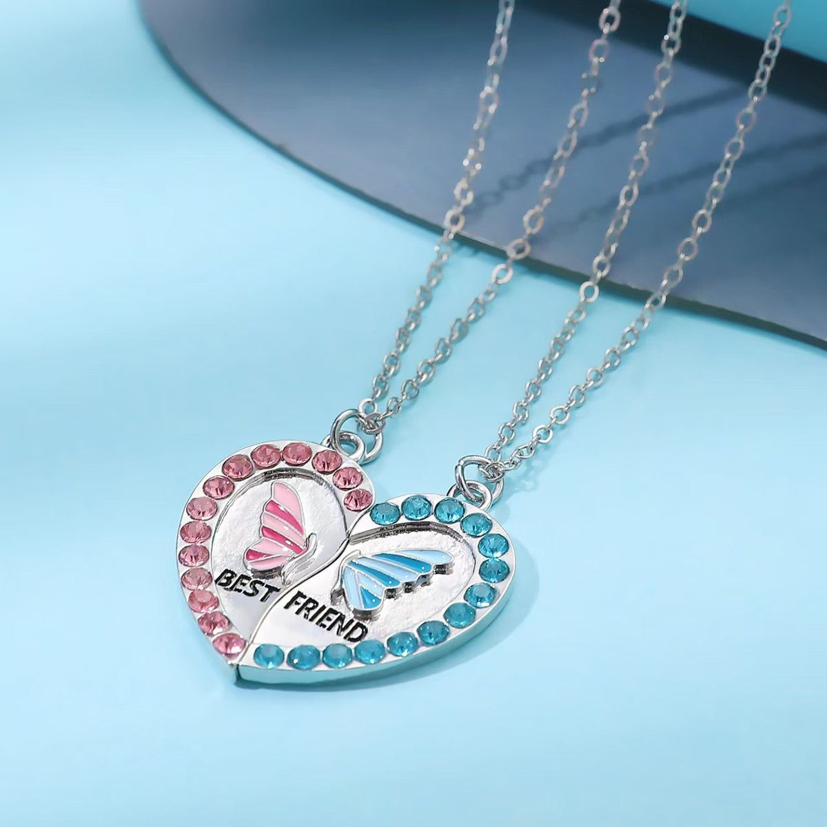 Two Besties Rhinestone Butterfly Heart BFF Necklace