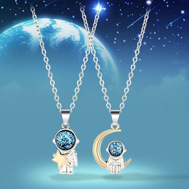 Two Besties Spaceman Star Moon BFF Necklace Set