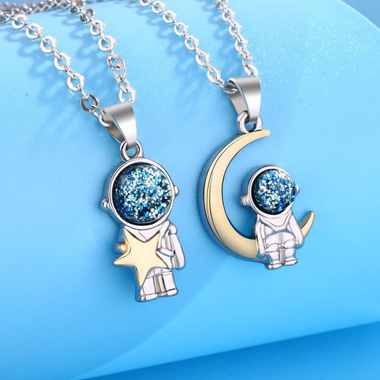 Two Besties Spaceman Star Moon BFF Necklace Set