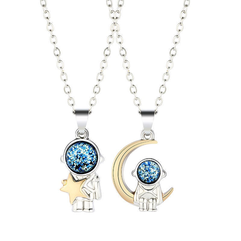 Two Besties Spaceman Star Moon BFF Necklace Set