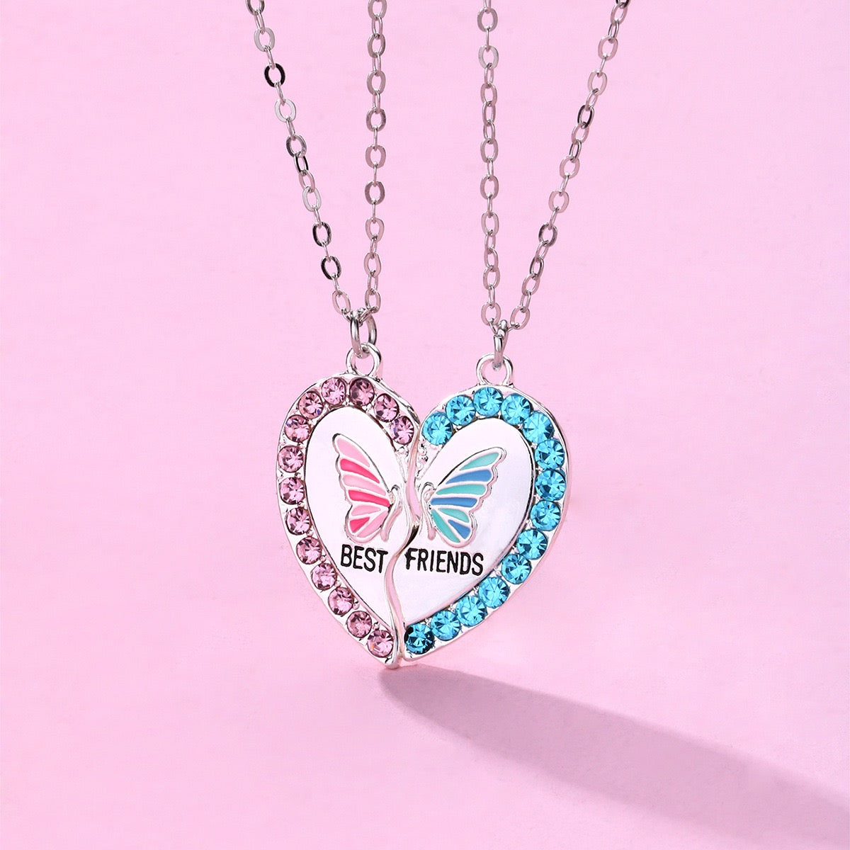 Two Besties Rhinestone Butterfly Heart BFF Necklace