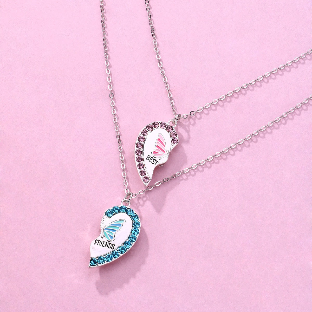 Two Besties Rhinestone Butterfly Heart BFF Necklace