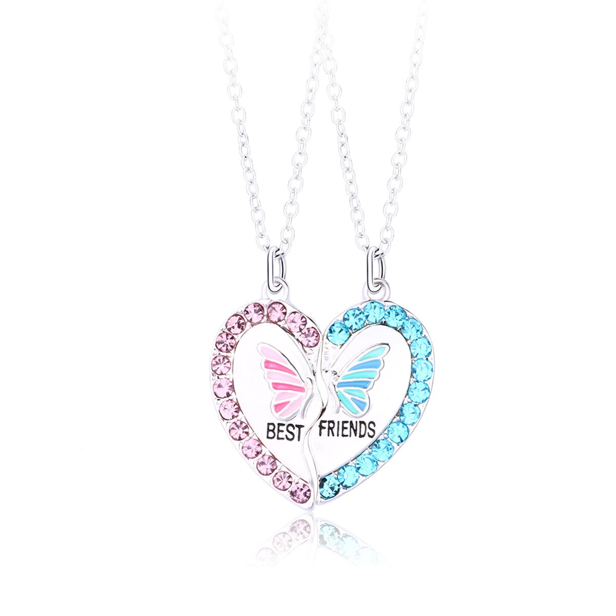 Two Besties Rhinestone Butterfly Heart BFF Necklace
